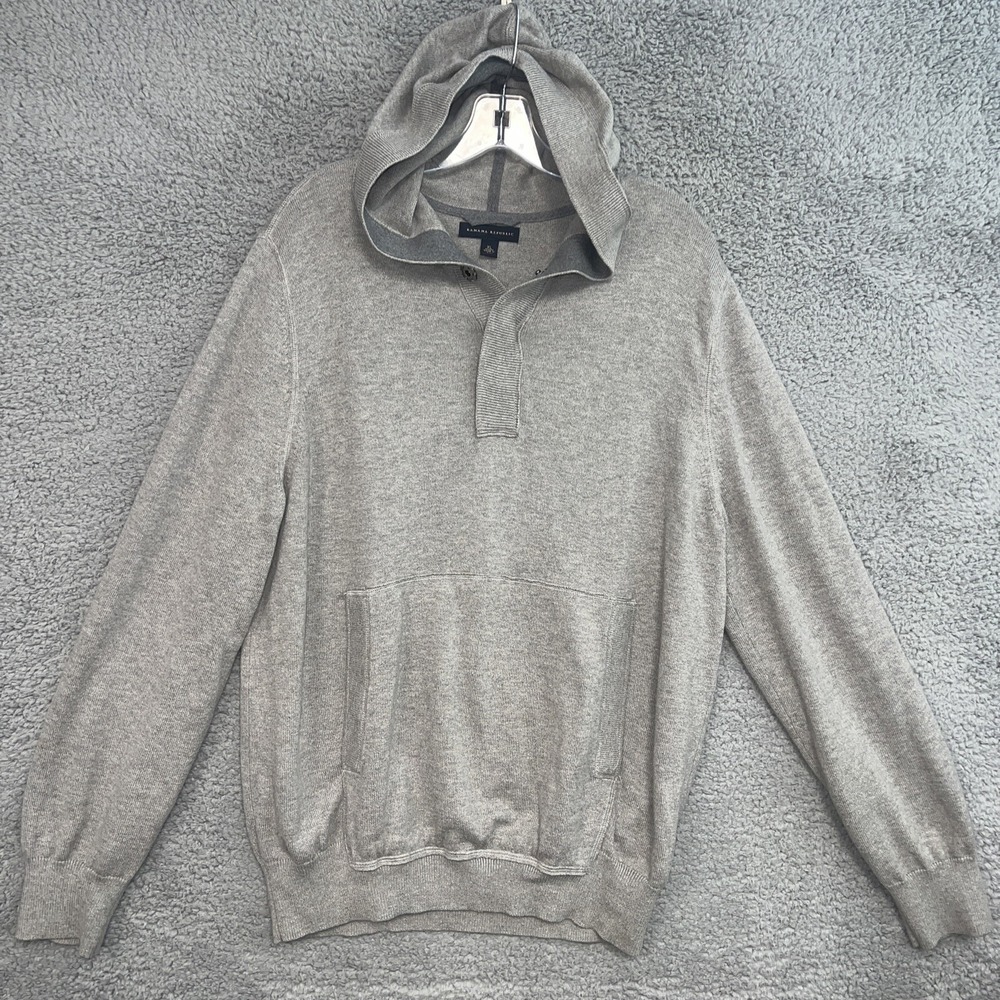 Banana Republic Hood Henley Mens XL Gray Pima Wool Blend Kangaroo Pocket Sweater